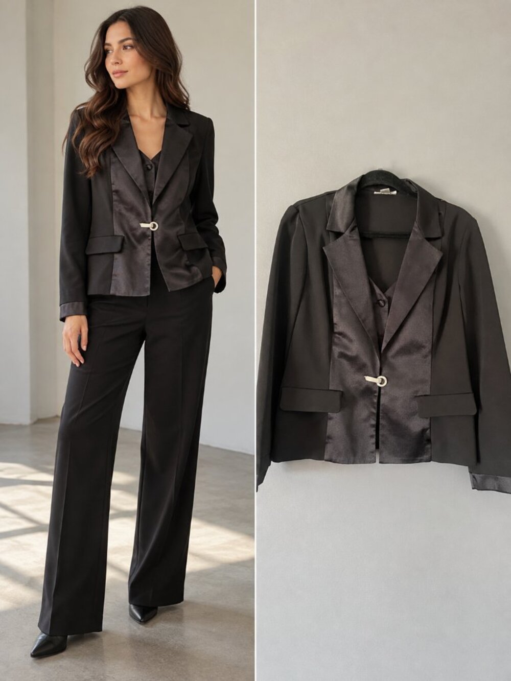 Joseph Ribkoff Black Satin Tuxedo Blazer Tailored Quiet Luxury 12
